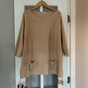 Lilly Pulitzer Elba Tunic Sweater Top Tan Beige Tassel 3/4 Sleeve Size M
